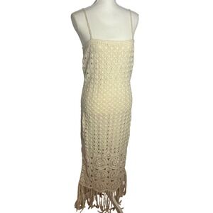 Ronny Kobo Toby Dress Beige Crochet Fringe Spaghetti Strap Maxi NWT Boho Western